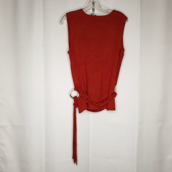 Womens Sleeveless V Neck Sweater L Rust Red Tassels Macrame Belt Boho Hippie - Picture 4 of 6
